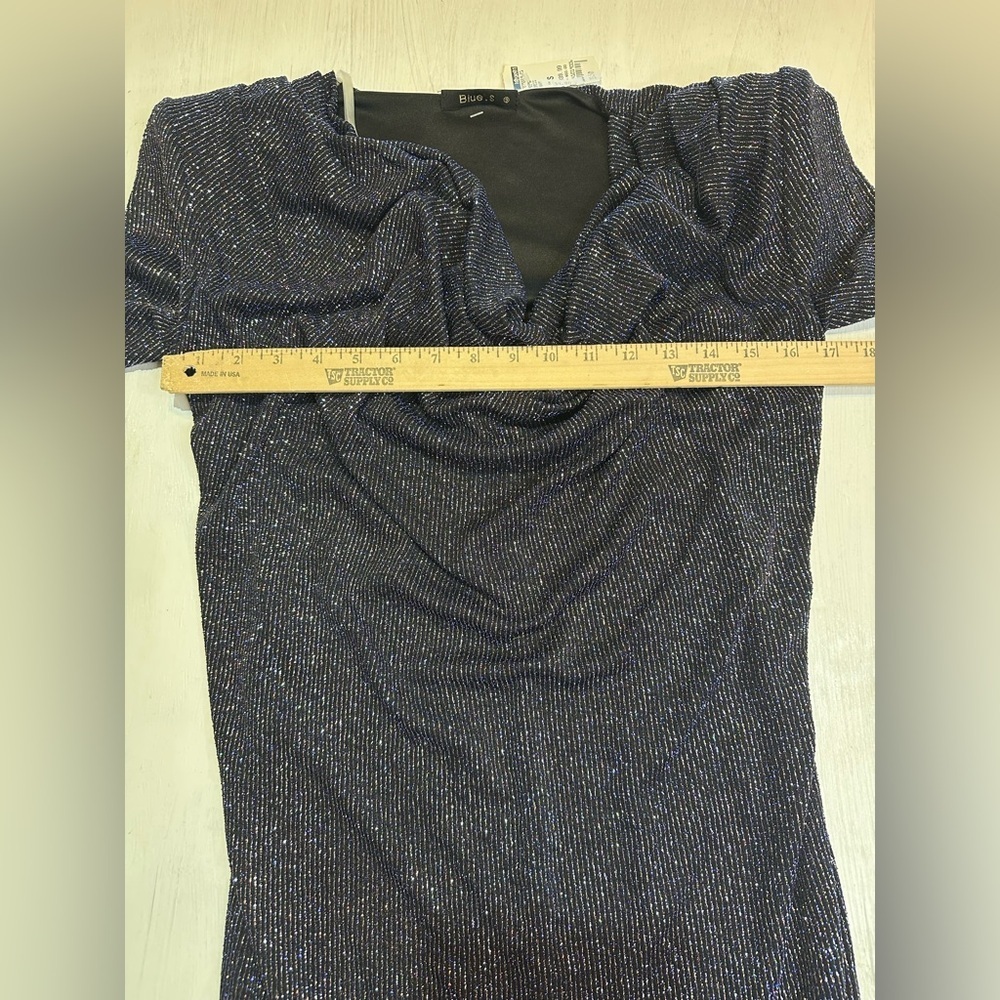 Y2K Navy Metallic Bodycon Dress Cowl Neck Night Out Glam Size S Made In USA - Picture 3 of 10